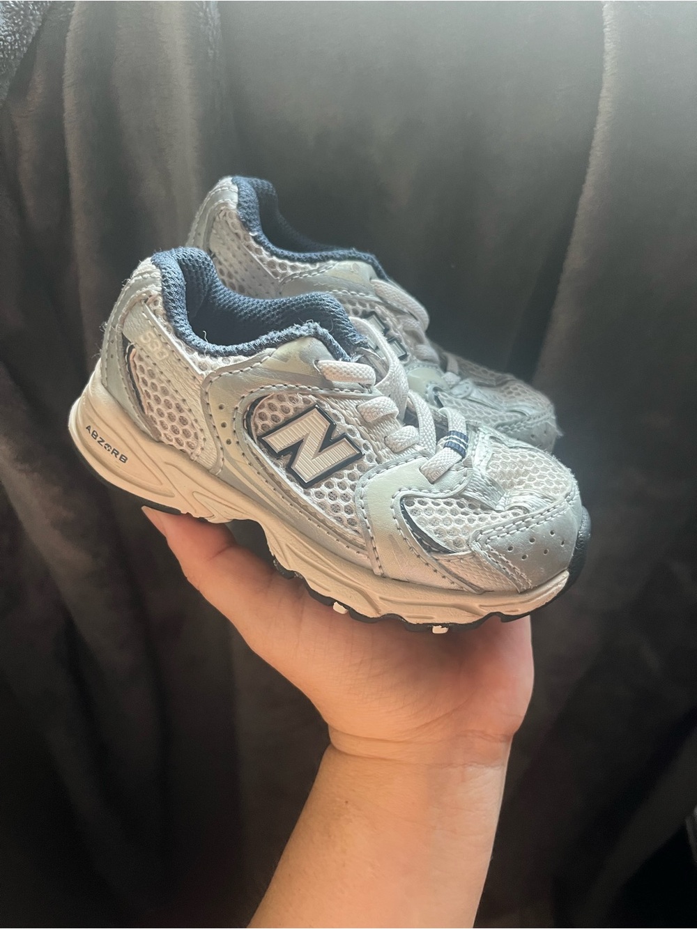 New Balance Kids Light Gray and Navy Mesh Sneakers